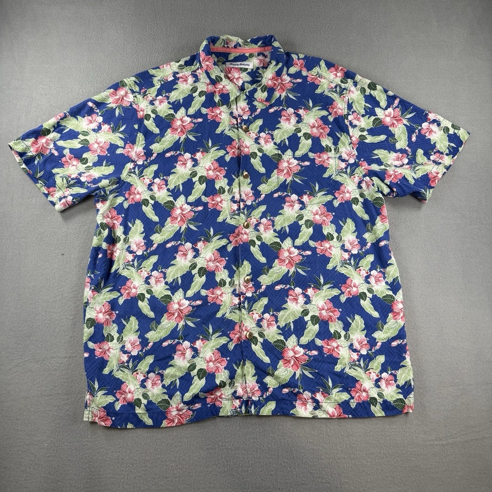 Tommy Bahama Mens XL 100% Silk Hibiscus Floral Button Down Shirt Blue Tropical
